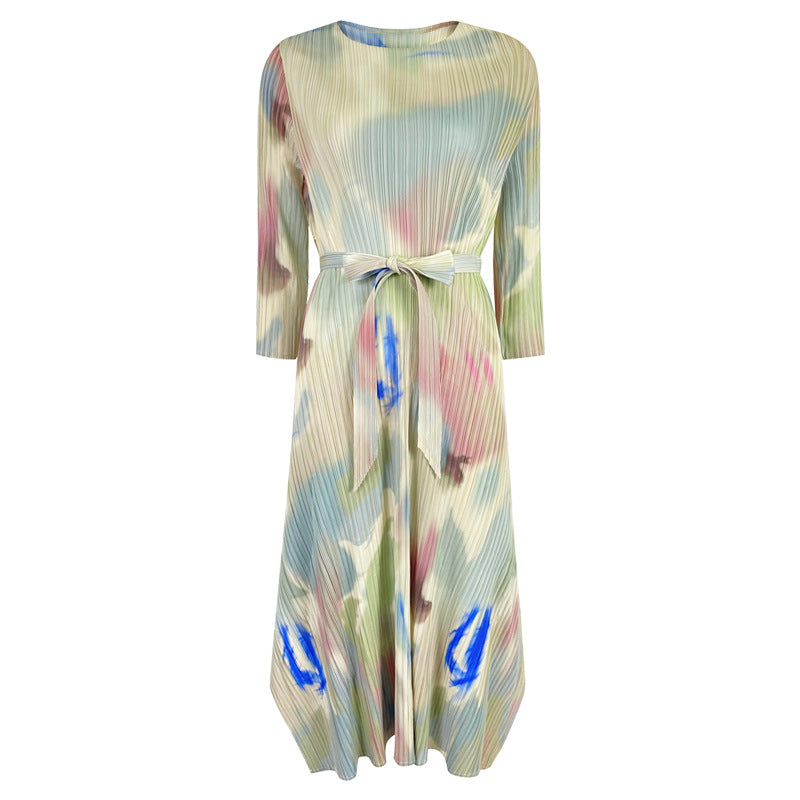 Crew Neck Split Dress Women's Slim Fit Slimming Chinese Ink Style Printed Comfortable Dress for Women