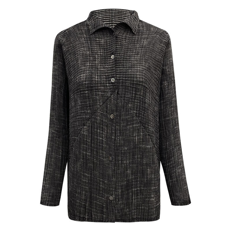 Pleated Gradient Long Sleeve Striped Lapel Cardigan Single-Breasted Casual Women's Shirt