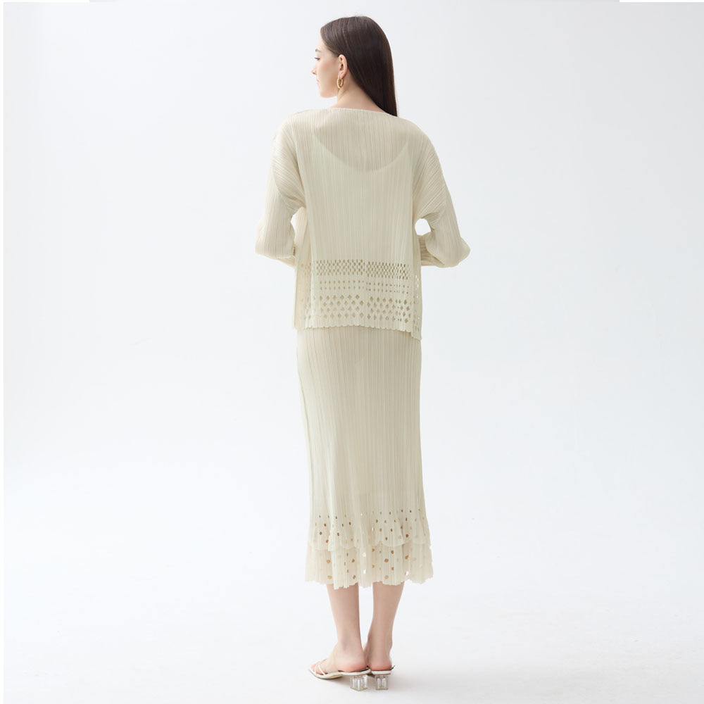 Casual Hollow-out Apricot Long Sleeve Cardigan Jacket Chanel's Style Skirt Women's Two-Piece Set