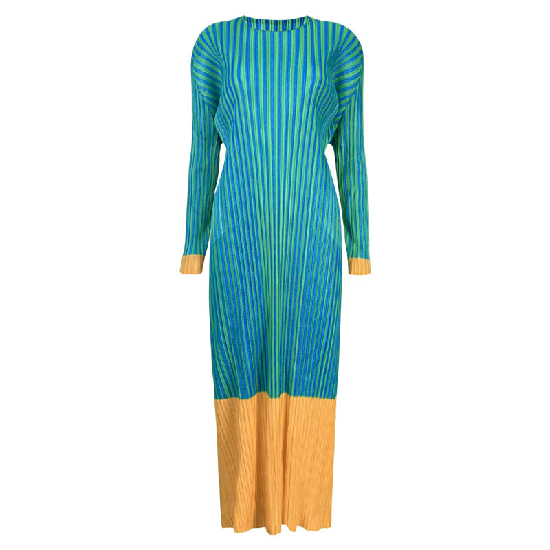 Casual Striped Stitching Midi Dress Contrast Color Long Sleeves Dress Women