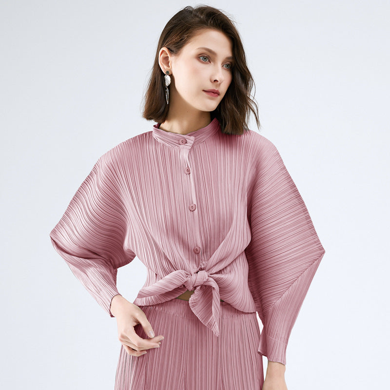 Batwing Long Sleeve Stand Collar Top Loose Slimming Shirt Cardigan Buckle Niche Horn Style