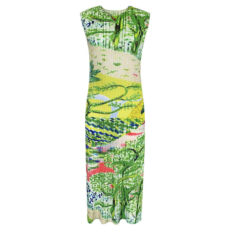 Green Painting Dress Sleeveless Small V-neck Slim Fit Slimming A- line Dress Women