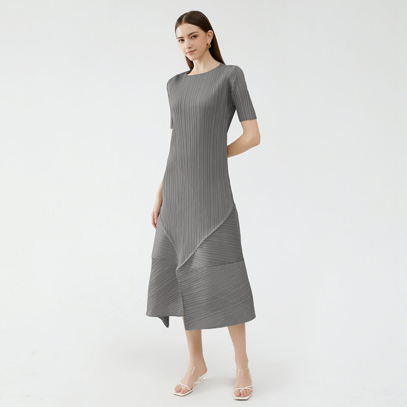 Folding Dress Waist Slim Fit Stitching round Neck Short-Sleeved Mid-Length Asymmetric Skirt