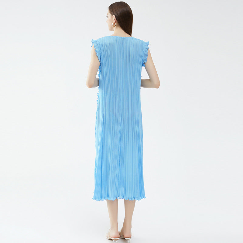 Casual Style Casual Draped Dress round Neck Wooden Ear Patchwork Skirt Sleeveless Solid Color Dress Women