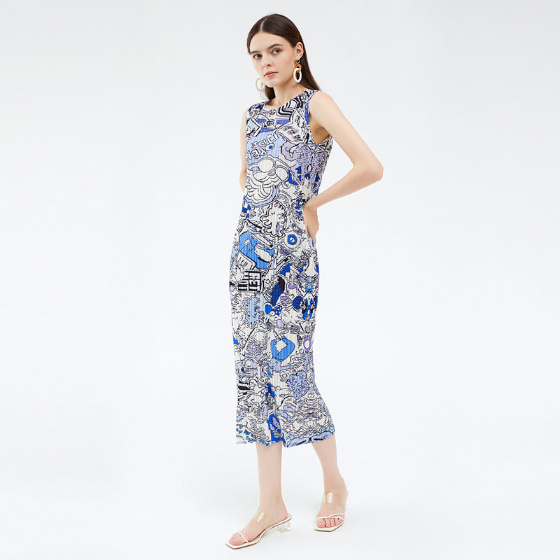 Graffiti Printing Slim Fit Dress Women's Summer Thin Waist Color Casual A- line Dress