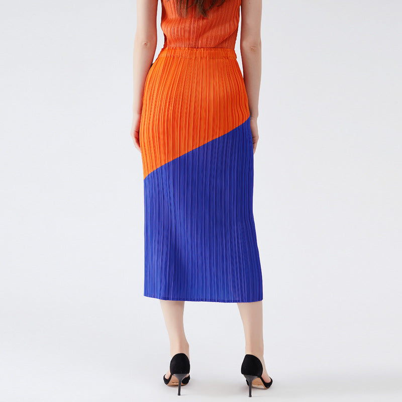 Casual Style Orange Blue Mid-Length Slim-Fit Pleated Skirt Waist A- line Skirt for Women Summer