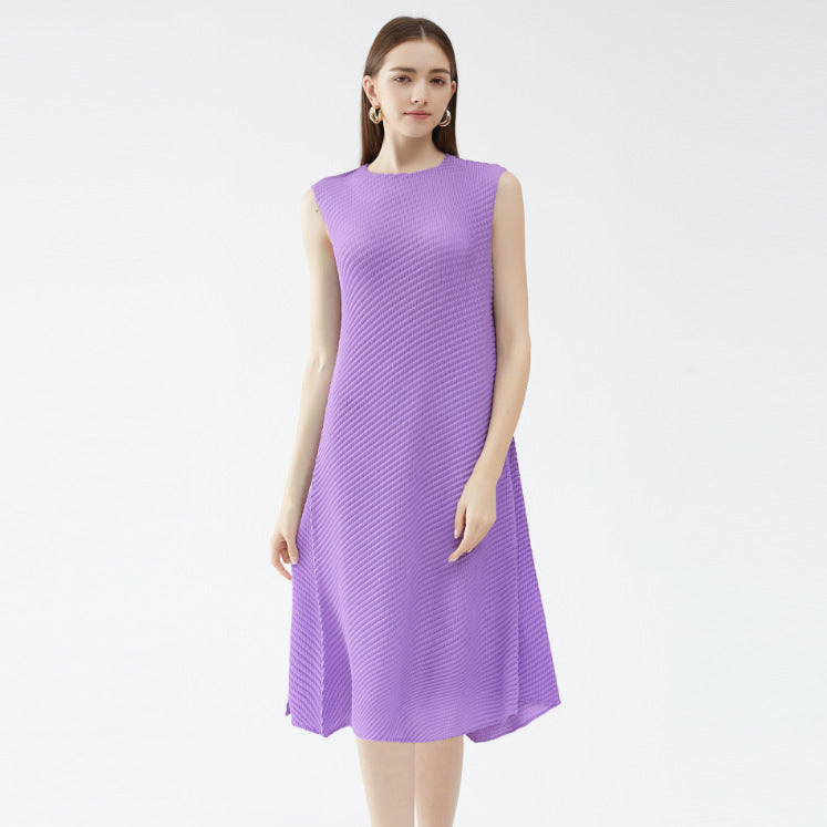 Casual Style Solid Color Asymmetric Skirt round Neck Slim Fit Scale Pleated Dress Women