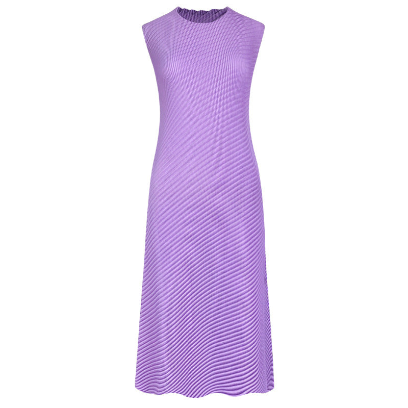 Casual Style Solid Color Asymmetric Skirt round Neck Slim Fit Scale Pleated Dress Women