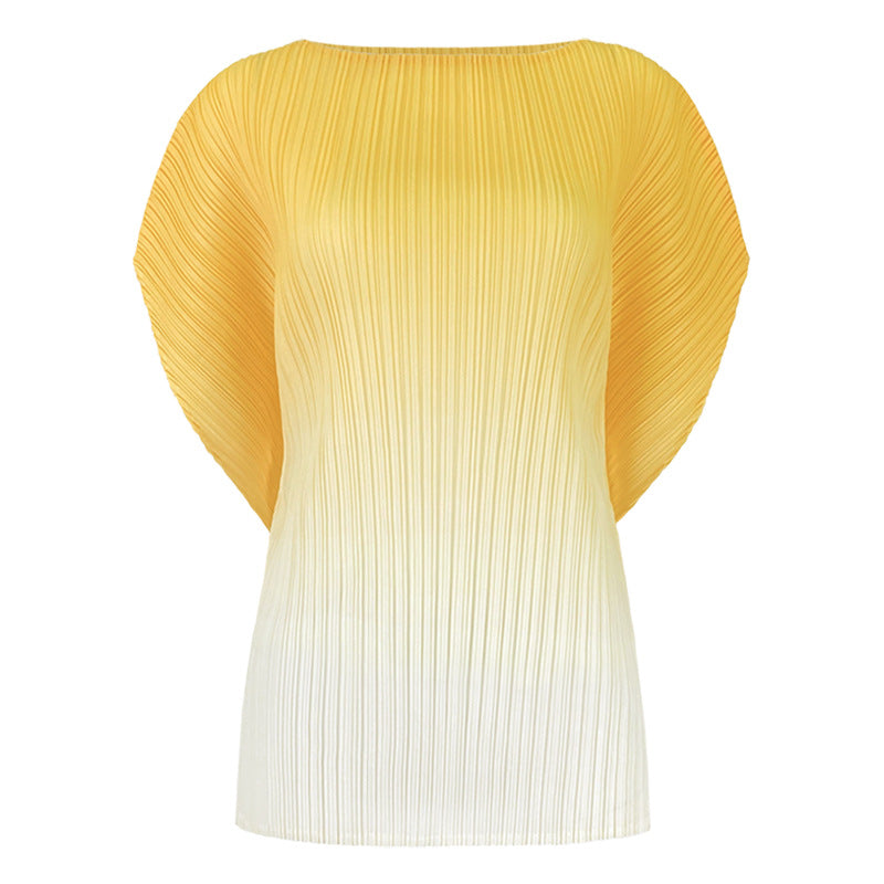 Gradient Color Short-Sleeved T-shirt Women's Simple Style Small Loose All-Match round Neck Pleated Top