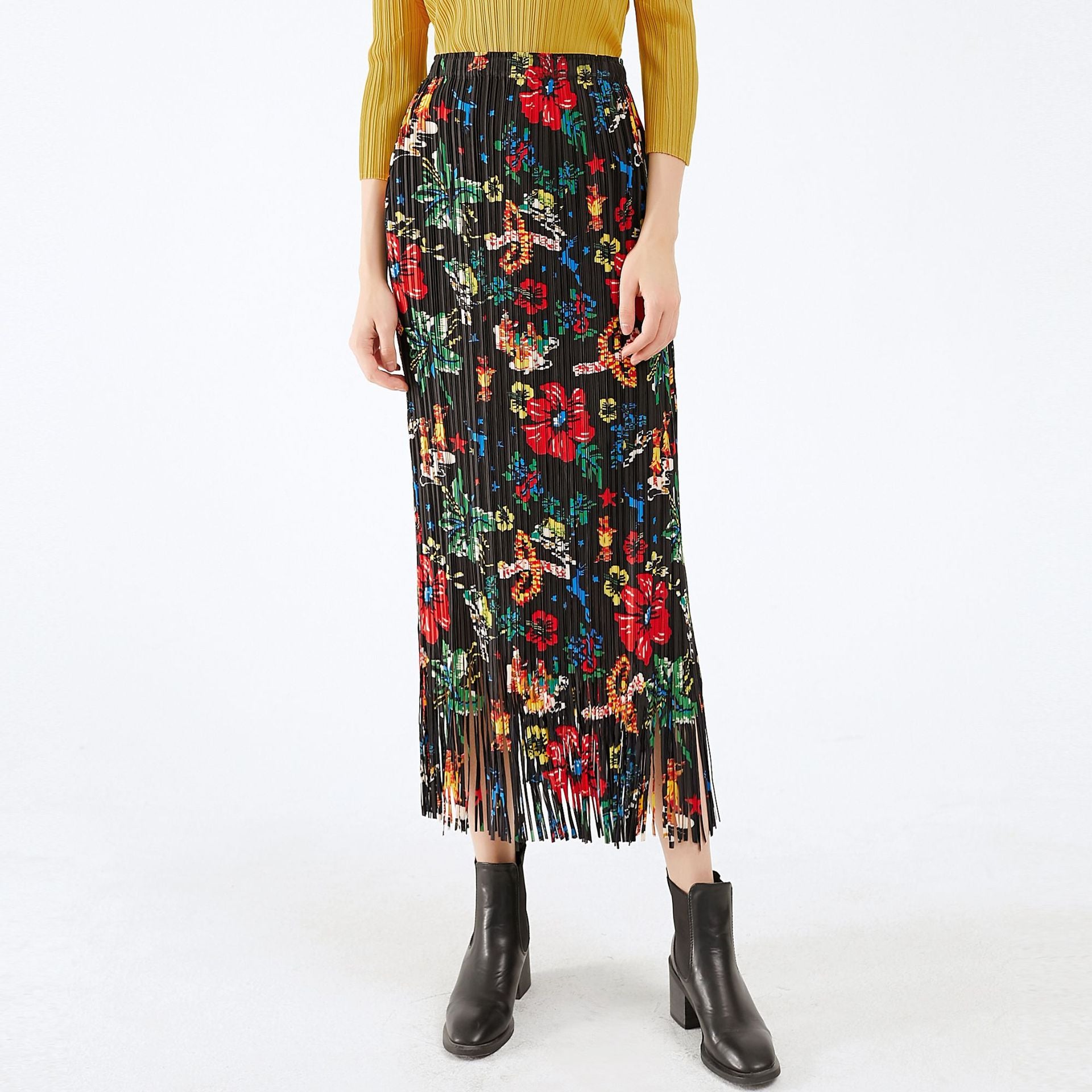 Floral Skirt Elastic Waist All Match Retro Style Pleated Skirt Women's Mid-Length Dress