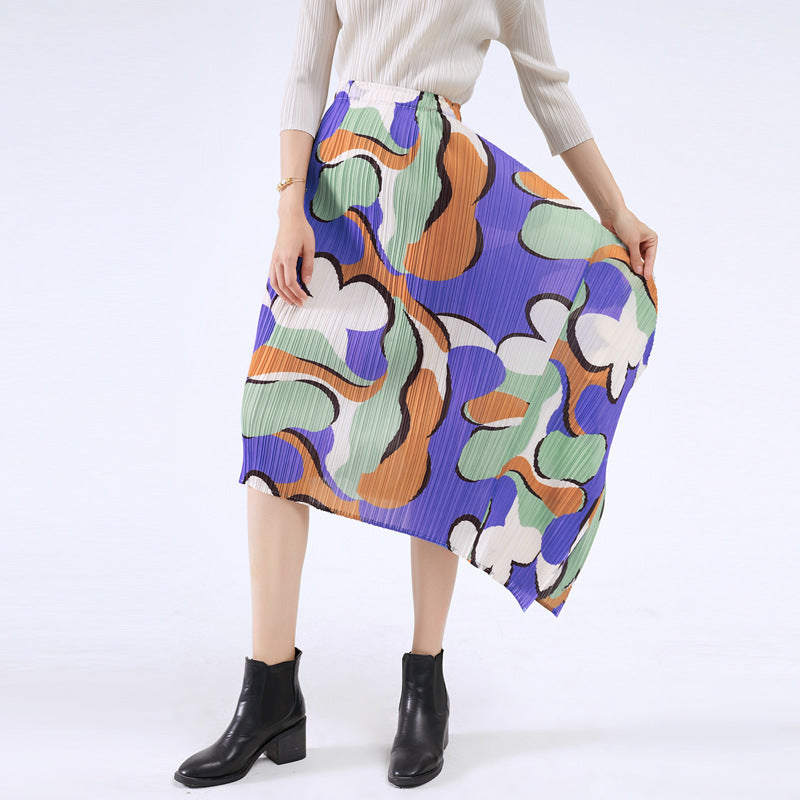 Pleated Skirt Commute Style Type a Mid-Length Summer Printed Pleated Skirt for Women