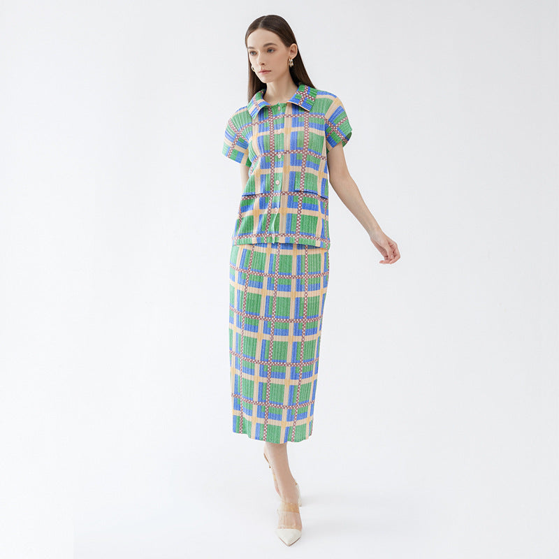 Pleated Lapel Short Sleeve Temperament Printed Single-Breasted Shirt Outfit Skirt Two-Piece Suit