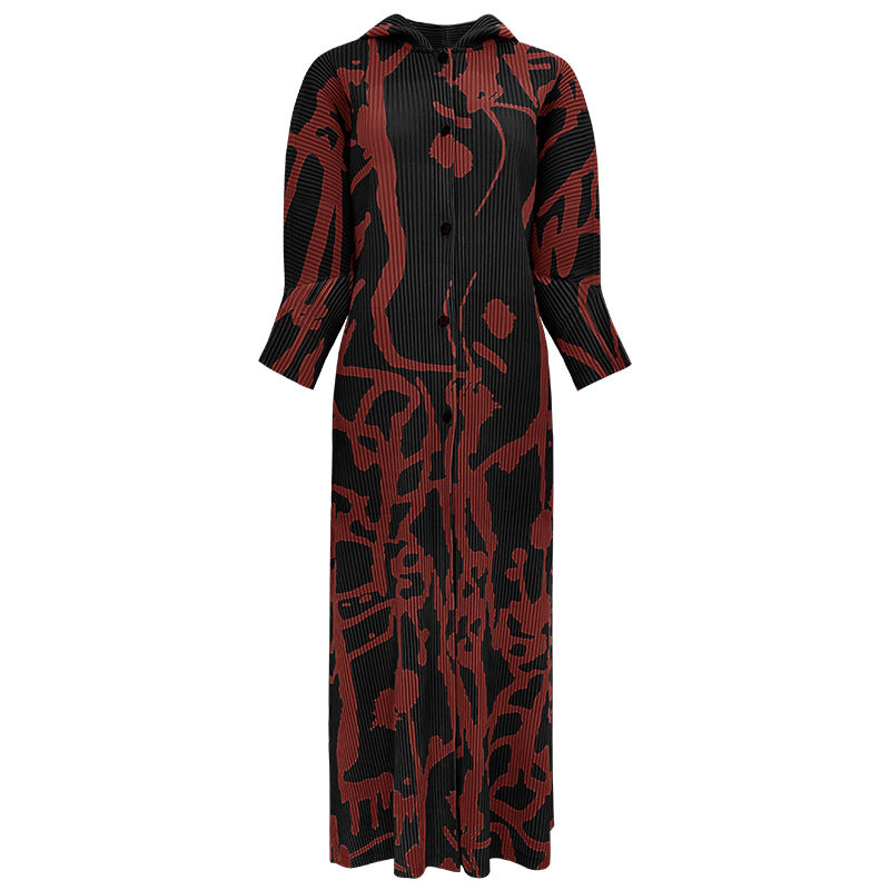 Casual Printed Shawl Women's Autumn Long-Sleeved Single-Breasted Skirt with Hat Dress Women