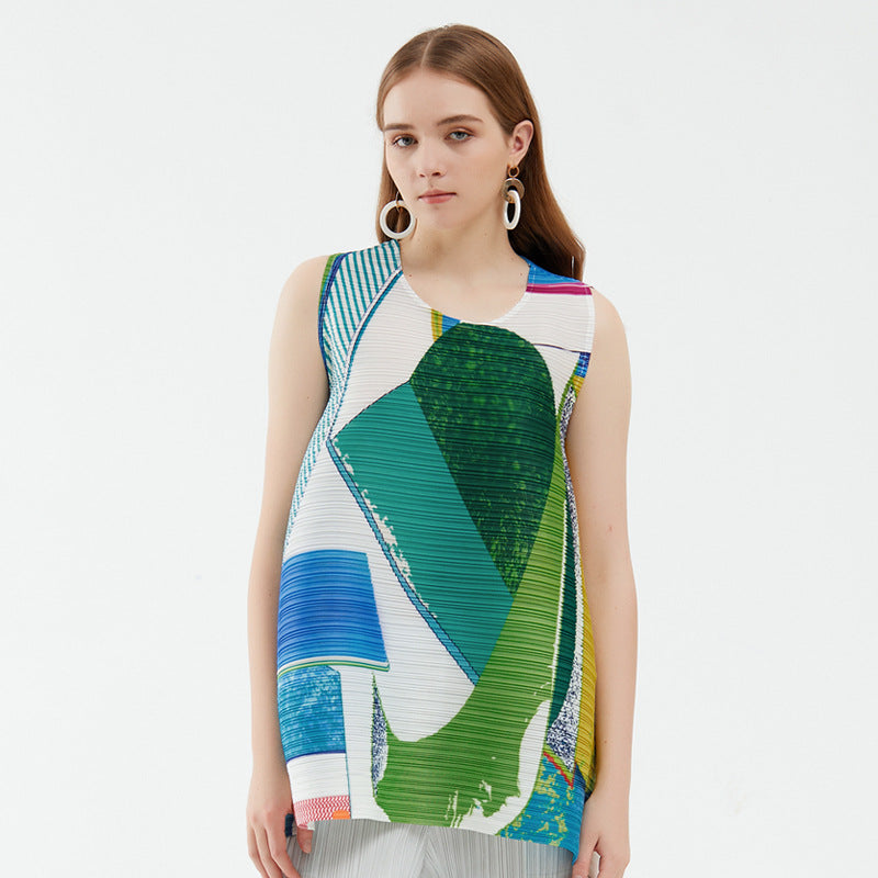 Design round Neck Printed Vest Pullover Loose-Fitting Casual T-shirt Top for Women