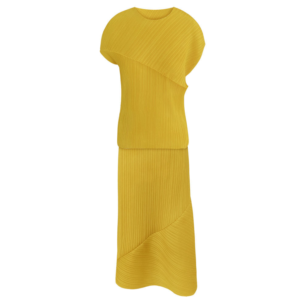 Folding round Neck Sleeve Top Casual Irregular Skirt Solid Color Two-Piece Set for Women