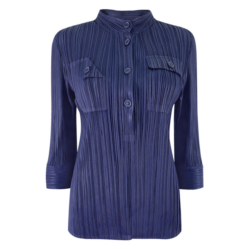 Pleated Shirt Women's Commuter Pocket Long Sleeve Slim Shirt Female Online Influencer