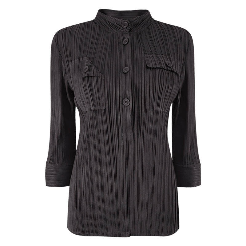 Pleated Shirt Women's Commuter Pocket Long Sleeve Slim Shirt Female Online Influencer