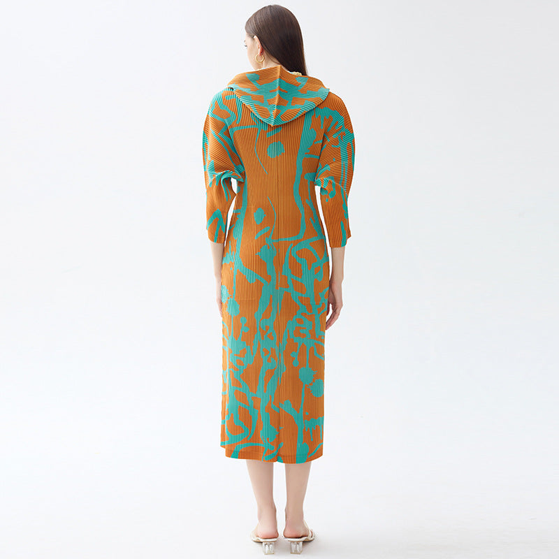 Casual Printed Shawl Women's Autumn Long-Sleeved Single-Breasted Skirt with Hat Dress Women