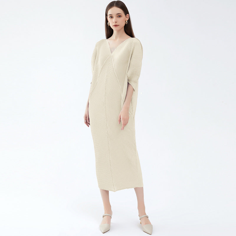 Scale Pleated Dress Mid-Length Five-Quarter Sleeve Elegant Solid Color Dress Women
