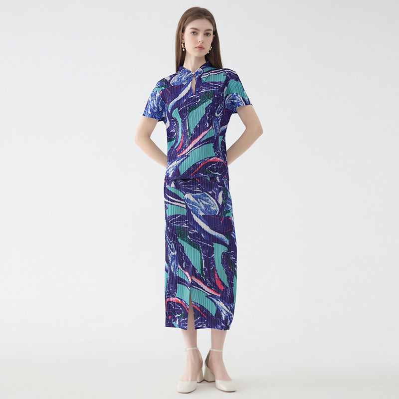 Floral Suit Women's Polo Collar Short-Sleeved Shirt Straight Printed Skirt Two-Piece Suit Women's