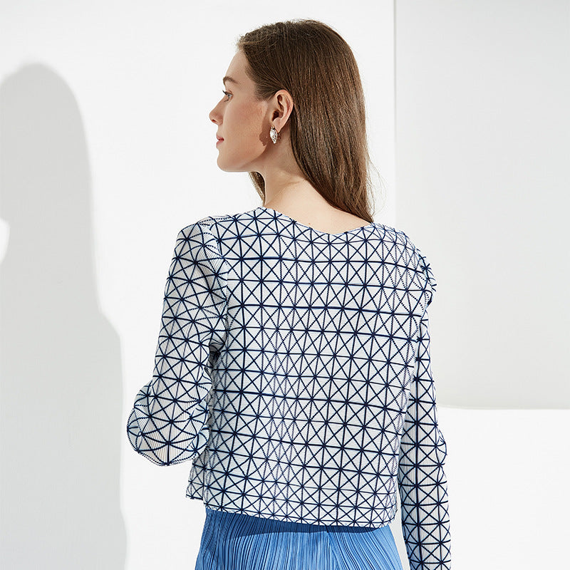 Long Sleeve Autumn Little Plaid Pleated Shirt Simple round Neck Single-Breasted T-shirt Women's Cardigan Coat