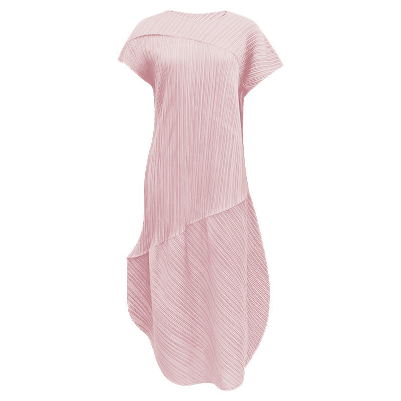 Peanut Dress Female Slimming Sense of Design Niche Folding Short Sleeve Asymmetric Skirt Female