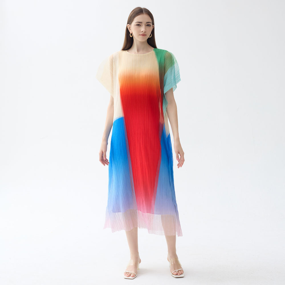 Gradient Loose Multicolor Short Sleeve round Neck Pleated Casual Style Dress Women