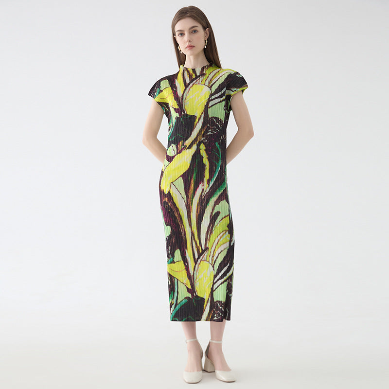 Flying Sleeves Printed Dress Women's Mid-Length Simple Slim Half Collar Bottoming Skirt