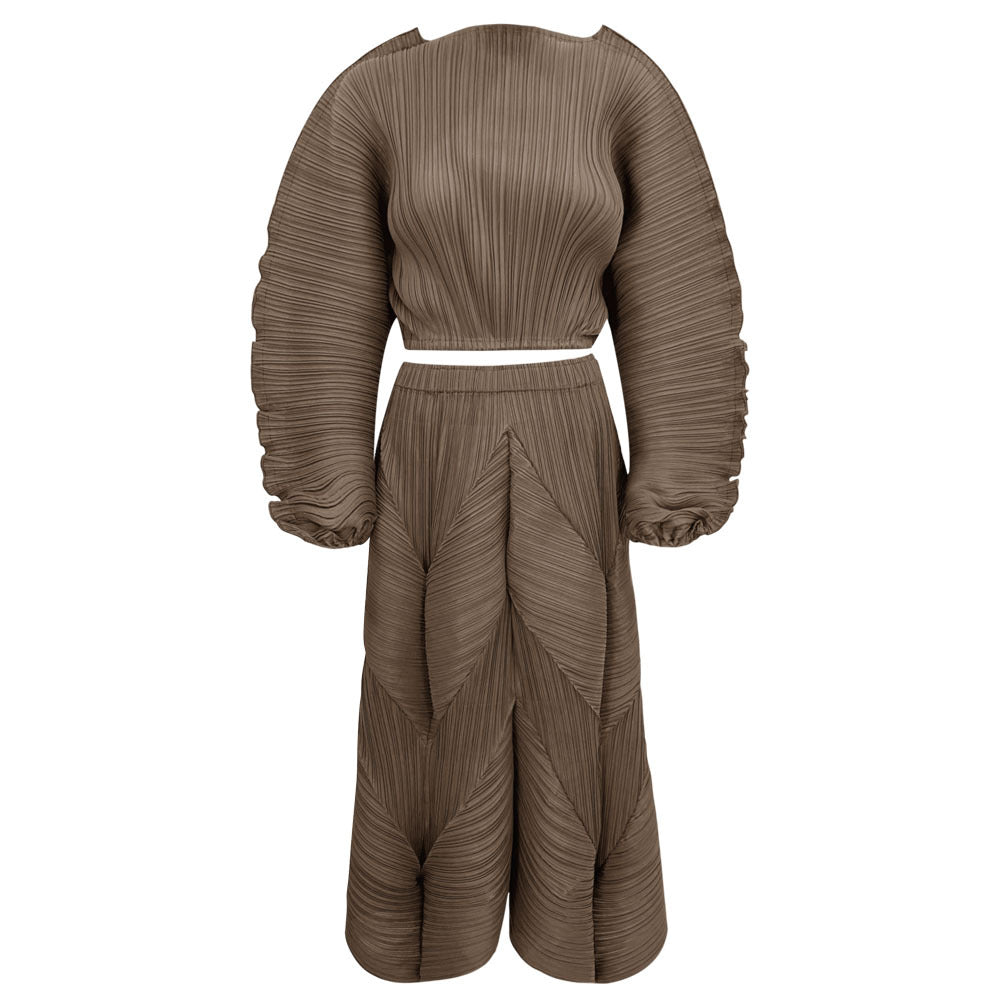 Pleated Suit Solid Color Design Long Sleeve Short Top Bubble Skirt Casual Two-Piece Suit