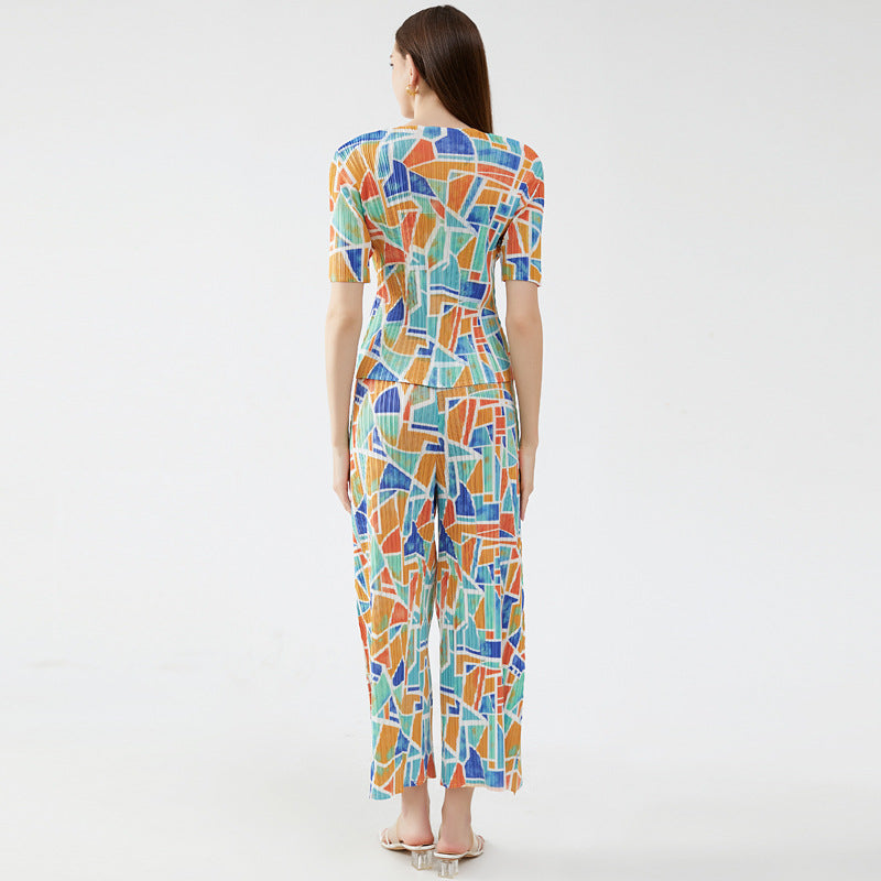 Pleated Suit round Neck Short Sleeve Loose Printing and Dyeing Casual Trousers Elegant Square Two-Piece Set for Women