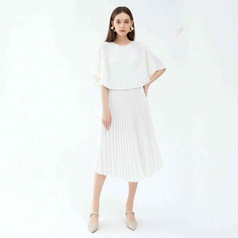 Fake Two Pieces Wool All-Match Dress Women's Graceful Pleated Skirt Solid Color Pleated Skirt