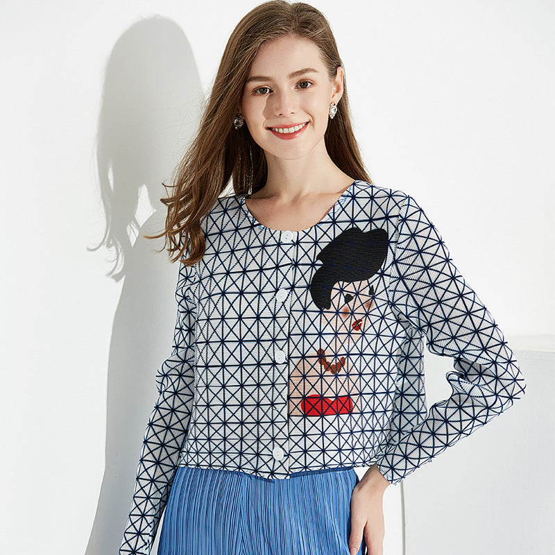 Long Sleeve Autumn Little Plaid Pleated Shirt Simple round Neck Single-Breasted T-shirt Women's Cardigan Coat