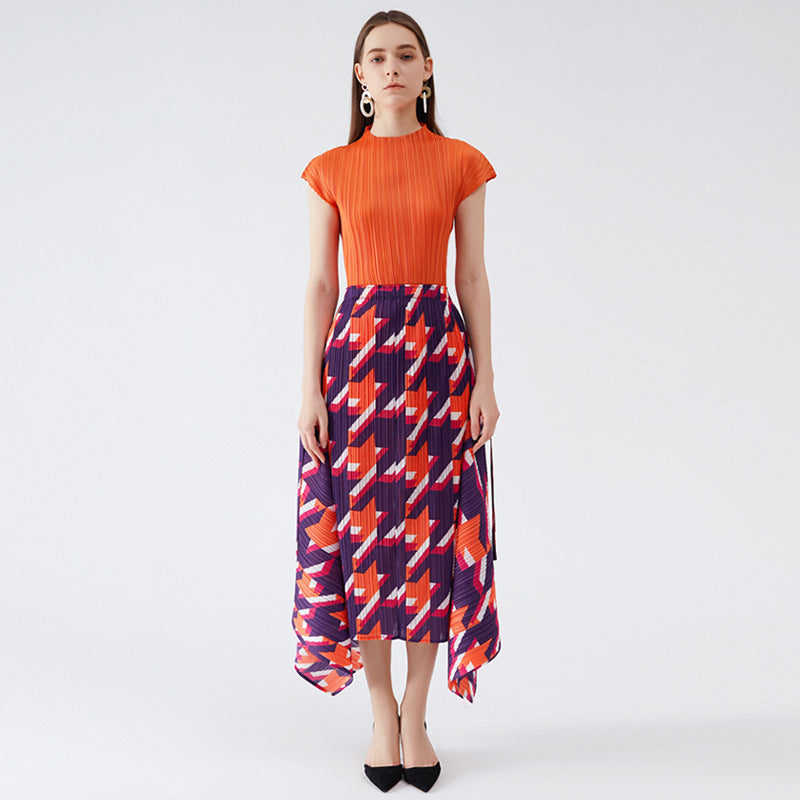 Casual Style Houndstooth Skirt Female Waist Slimming Slit Versatile Pleated Dress