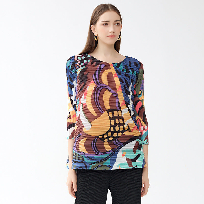 Design Sense Niche T-shirt round Neck Loose Graffiti A- line Skirt Top for Women