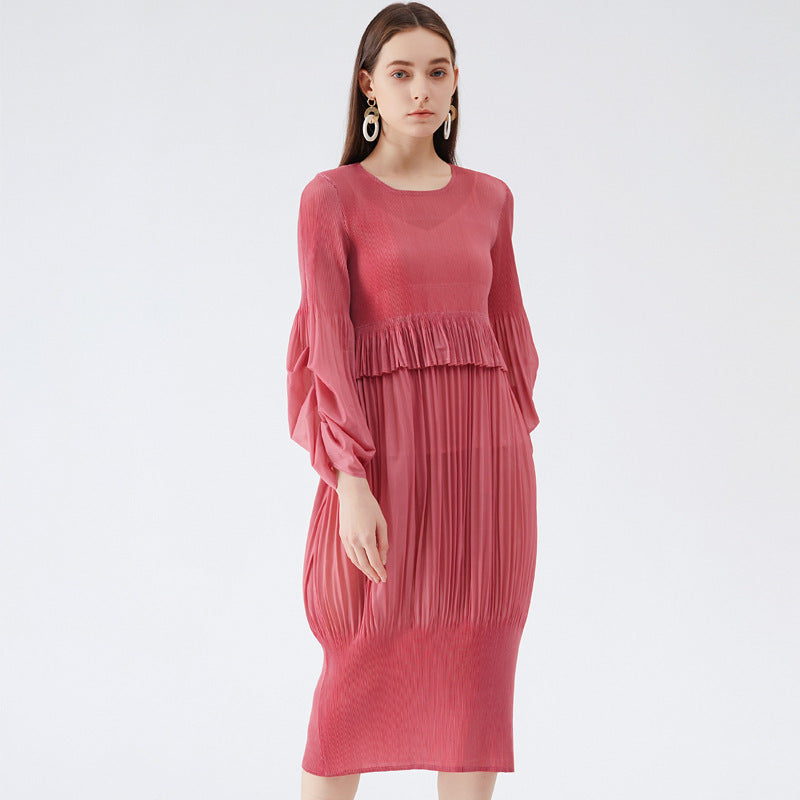 Simple Design Girlish Style Fresh Sweet Pleated Puff Sleeve Lantern Dress Jumpsuit Midi Dress for Women