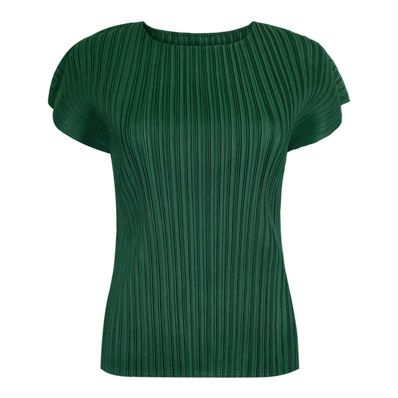 Solid Color Pleated Small Sleeve round Neck Slim Vest Bottoming Shirt Casual Temperament Basic Top