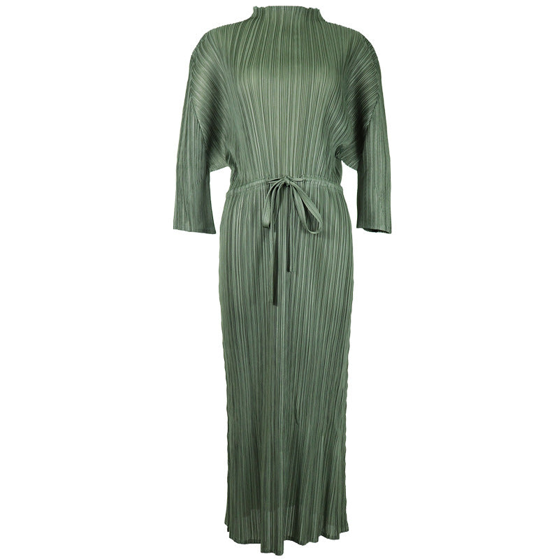 Simple Solid Color Half Collar Mid-Length Pleated Dress Loose A- line Skirt