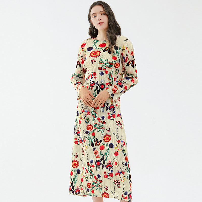 Suit round Neck All-Matching Top A- line Floral Skirt Two-Piece Set for Women