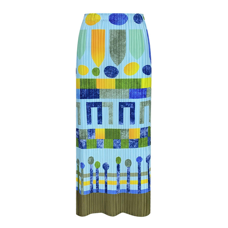 Skirt Niche Printed Pleated Skirt Casual Mid-Length A- line Elegant Style