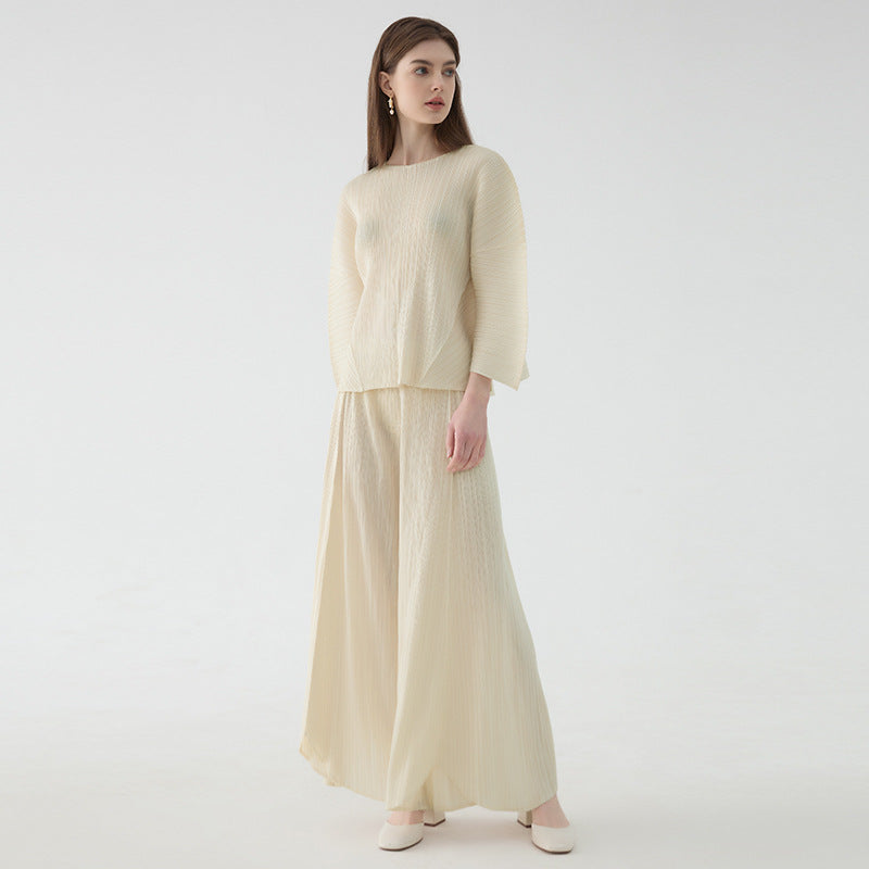 Solid Color Casual Loose Outfit Thin Bell Sleeve Top Wide Leg Wide Leg Pants Two-Piece Set for Women