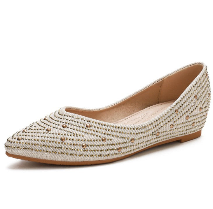 Pointed Toe Shallow Mouth Inner Height Increase Pumps Female Autumn Rhinestone Wedge Comfortable Peas Shoes