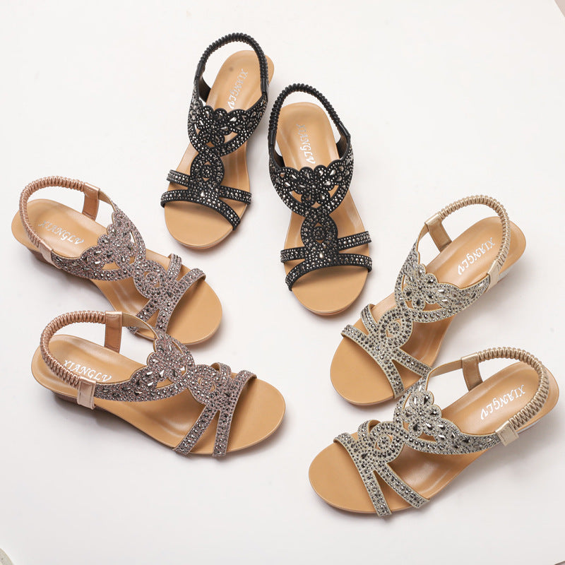 Wedge Fashion Sandals Bohemian Vintage Rhinestone Elastic Band Roman Shoes