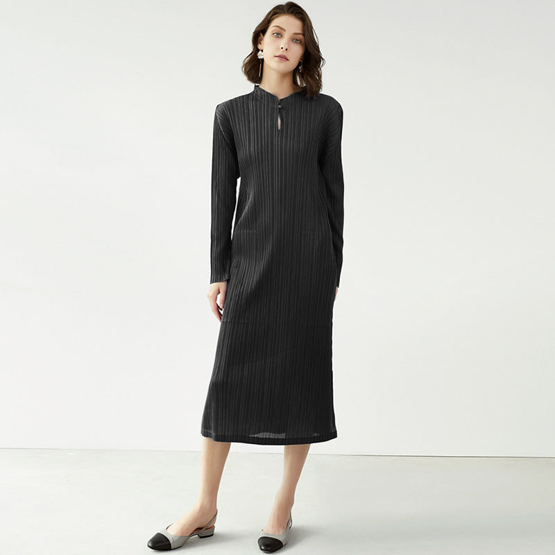 Slim Fit Slimming Mid-Length Cheongsam Solid Color Stand Collar Pocket Dress Women