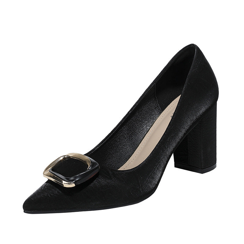 Pointed Toe Pumps Spring and Autumn Commuting Fashion Leather Shoes Chunky Heel Shoe Buckle French Heel Shoes