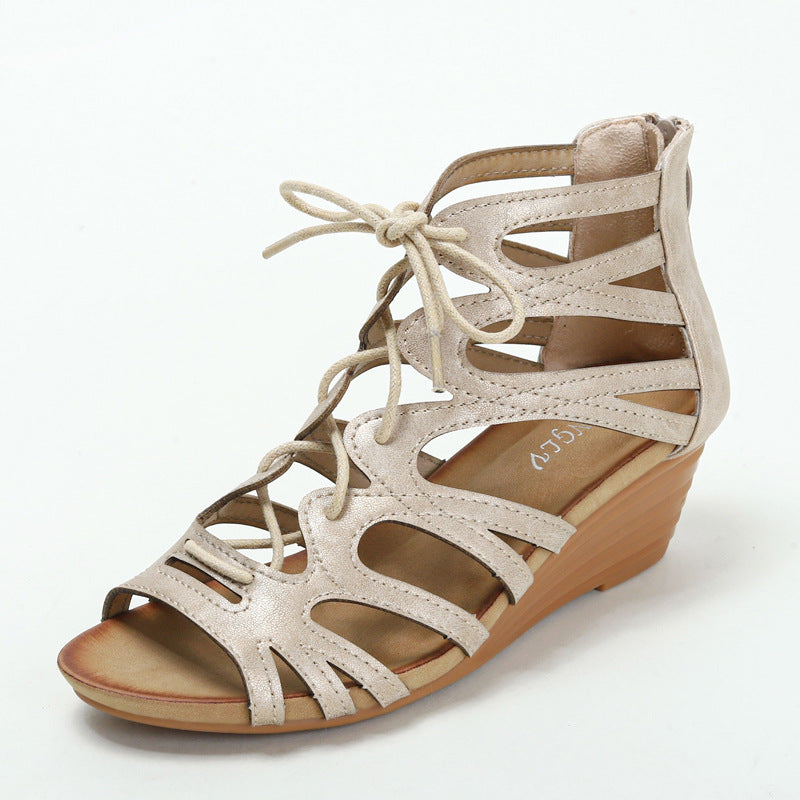 Roman Shoes Women's Mid Heel Retro Peep Toe Ethnic Wedge Sandals