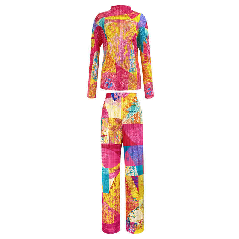 Suit Street Cool Pleated Long Sleeve Women's Loose Top Casual Pants Two-Piece Set