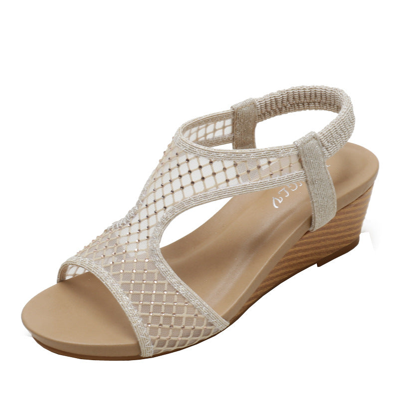 [Sold out on Short in Size Clearance] Women's Wedge Sandals Fashionable Elastic Band Mid Heel Peep Toe Breathable Mesh Roman