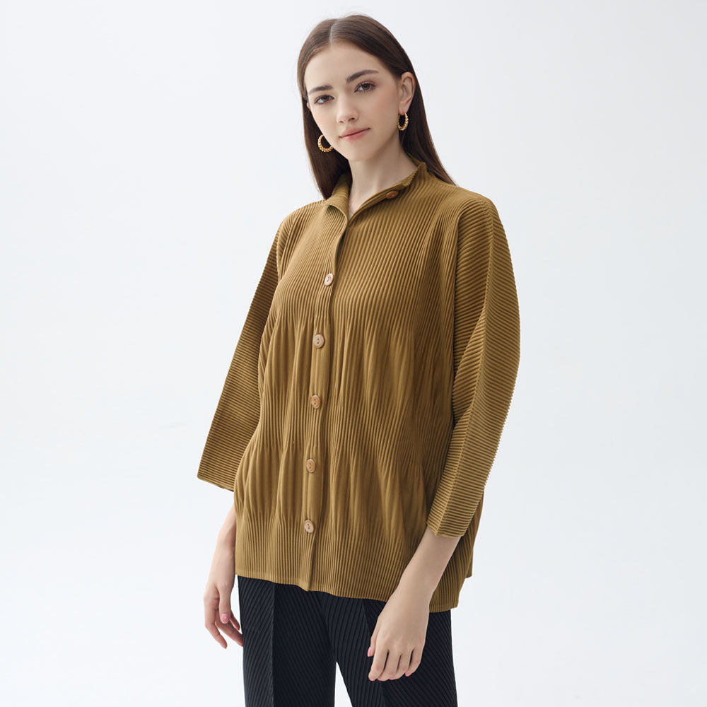 Thickened Single-Breasted Shirt Women's Solid Color Pleated Loose Casual Style Outer Long-Sleeves Top