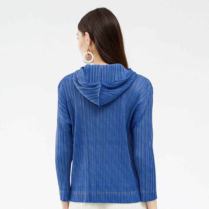 Solid Color BASIC Pleated T-shirt Long Sleeve Casual Top Design Hooded Sweater for Women