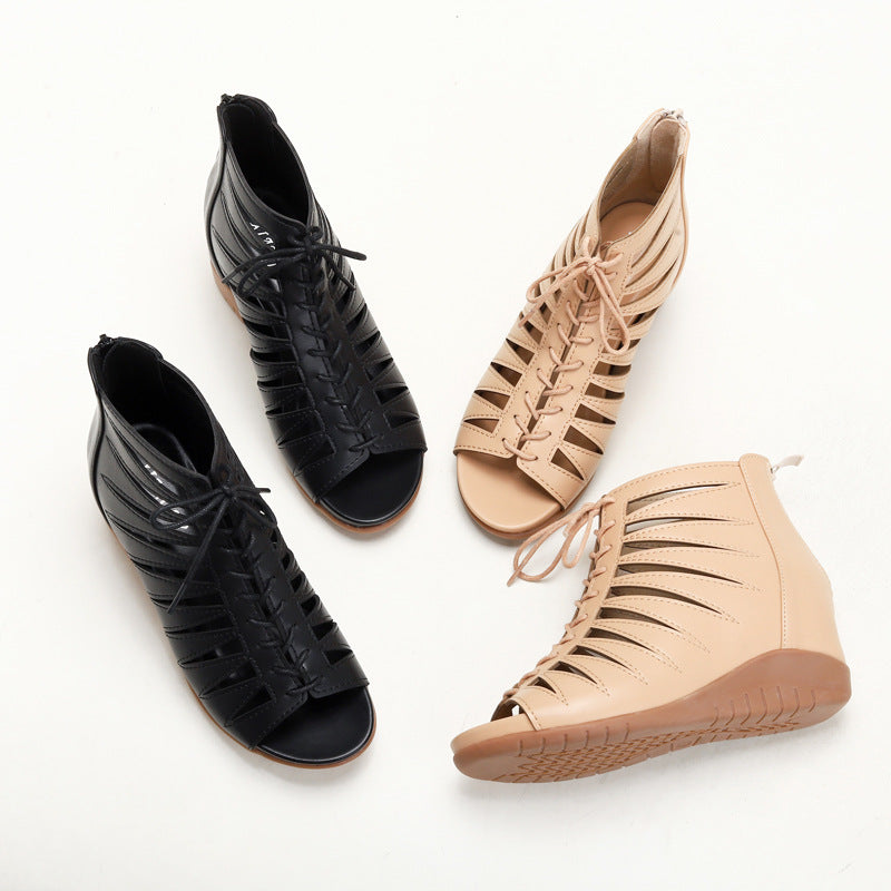 Wedge Hollow-out Sandal Boots Head Lace-up Roman Shoes Fish Mouth Sandal Boots Women